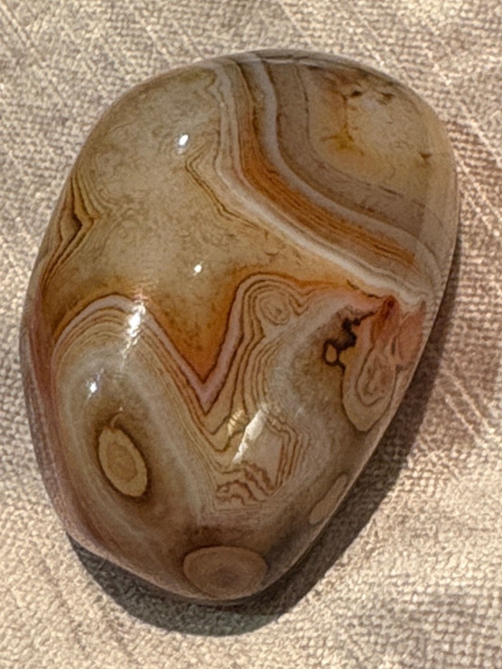 Polished Silk Agate Palmstone 310 karats 67 Grams Brown, Cream & Black Bands